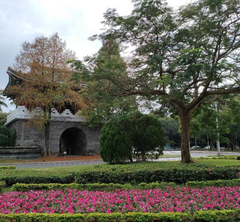 桃色矮牽牛環繞古城門，映襯出別樣的冬季美景。