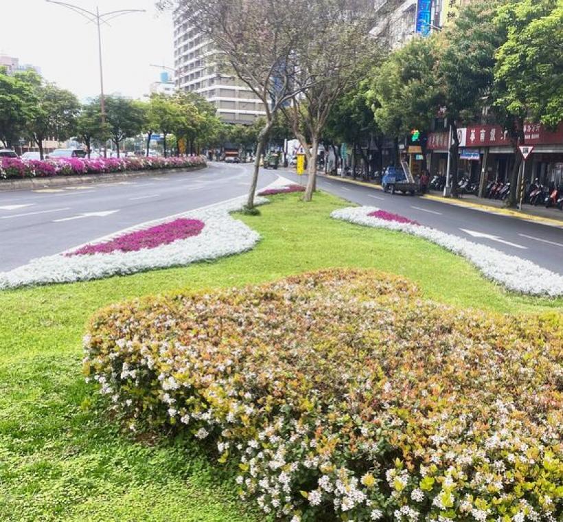 公園處員工自行設計圖形流暢，妝點城市景觀，輔以悉心呵護四季草花、石斑木和杜鵑得以相映成趣(艋舺大道)