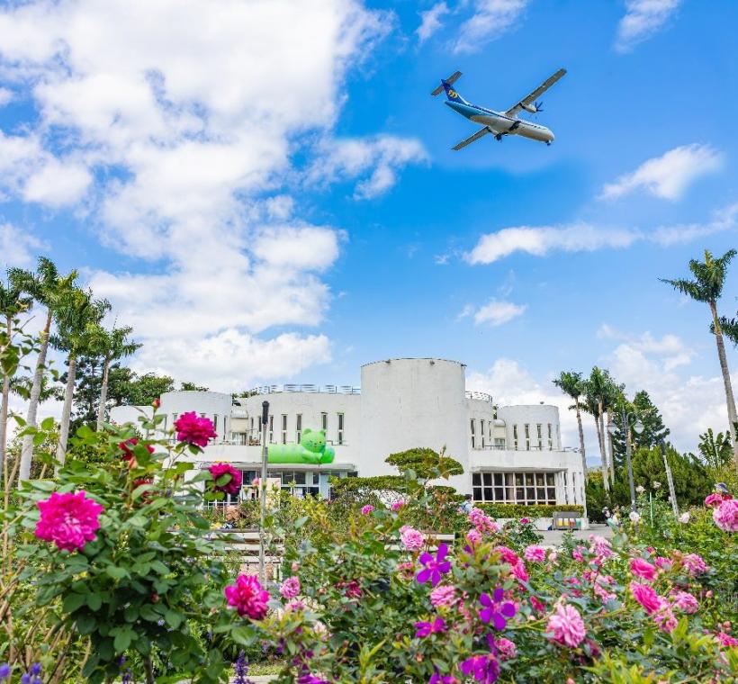抬頭就能看見飛機飛過，在臺北玫瑰園才能拍出飛機與玫瑰同框的景色