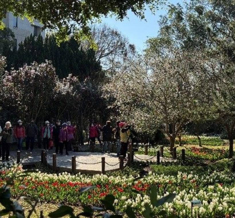 大門入口溫帶花卉布置，營造歐洲花園般的迎賓景致。