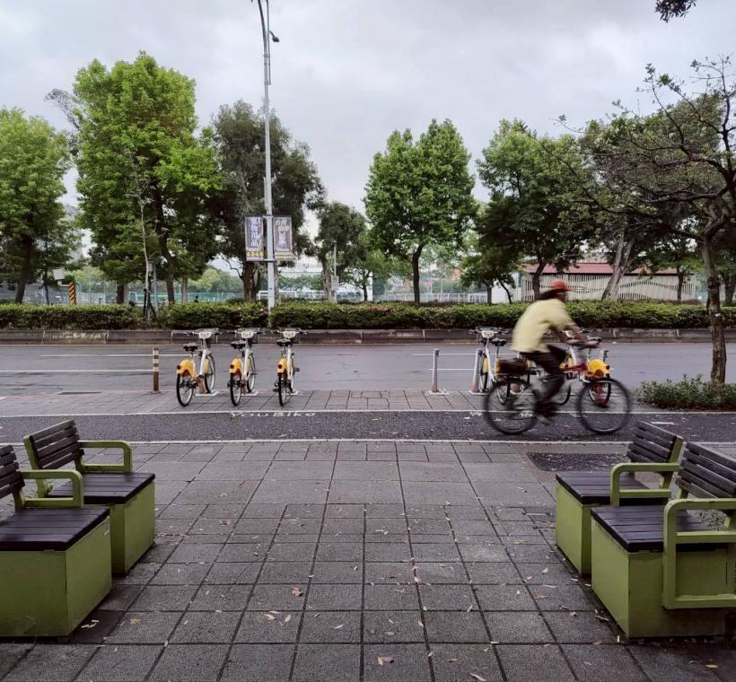 新生南路人行道拓寬時不僅設植栽帶設施帶，乾濕性植栽的雨水花園示範區及雙排路樹的林蔭大道，也同步增設造型座椅設施