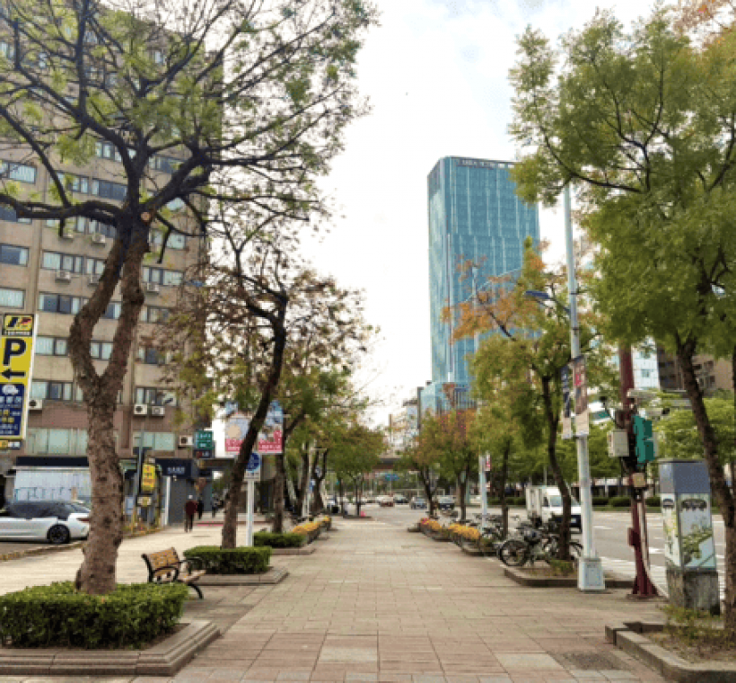 徜徉於人行道區體驗黃連木橘紅變色